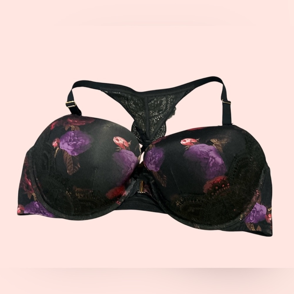 Cacique Black and Purple Front Hook Floral Lace Bra
